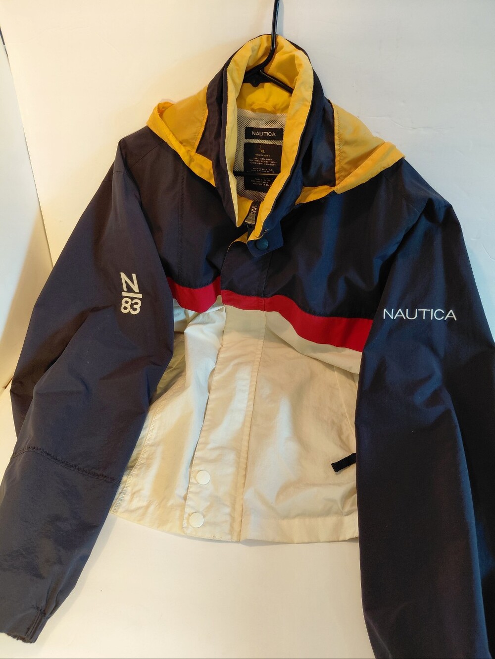 Vintage N-83 Nautica Navy Yellow Cream Colorblock Hooded Windbreaker Red Stripe